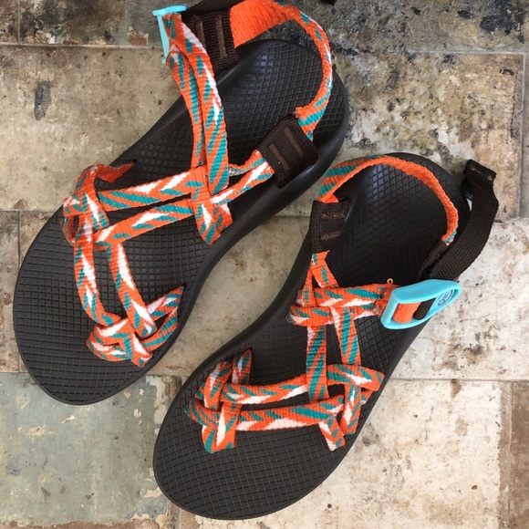 Womens Chaco Sandals size 6 with Toe Strap Standard Width Orange Aqua White - Picture 2 of 7